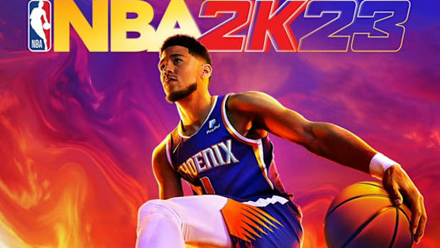 Devin Booker wears Nike Kobe 4 Protro on NBA 2K23 cover.